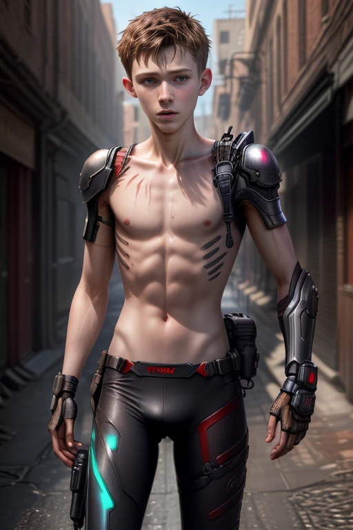 ((Photorealistic)) hyperdetailed full-body erotic photo of SHIRTLESS ((scrawny)) Sexy twink Tom Holland cyberpunk, with brown hair, detailed skin, detailed face, dslr,