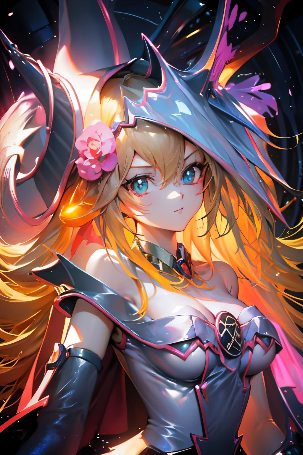 Hatsune Miku disfrazada de dark magician gils. Pose sensual y seductora. Fondo de magia
