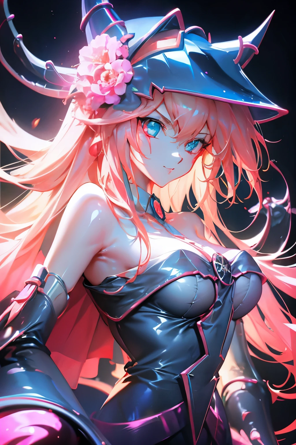 Hatsune Miku disfrazada de dark magician gils. Pose sensual y seductora. Fondo de magia