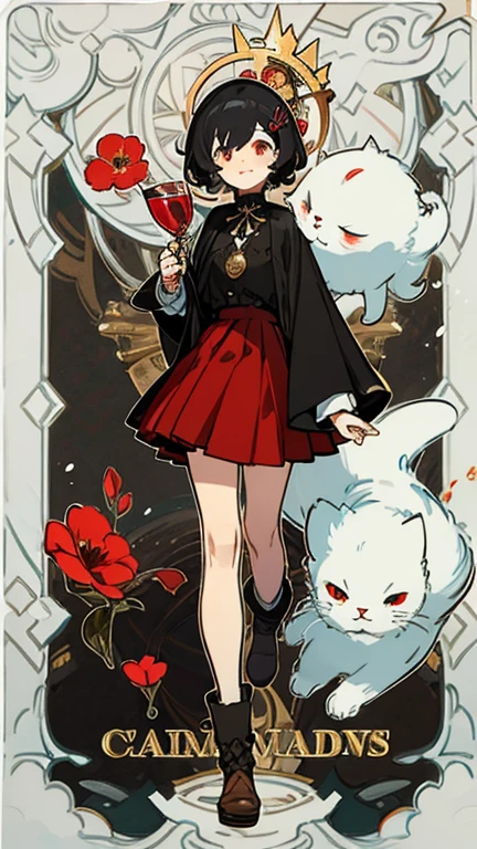 Black hair, Red pupil, short hair, curls, hairpin,Jellyfish-like hairstyle,Black and red skirt, Victorian style, British background, No mouth,Quiet, Cat-like pupils, Floral decoration, Delicateeyes, full body picture, figure, Standing image,elder sister, Smile, fair, fantastic, mystery,Design furry ankle boots,Small red flowers,Red gemstones,lady,Black Cat,Handheld mirror,Black Silk,White fluffy shawl,Black ribbon,Gold brooch,Pocket Watch,clock,Winter Snow。