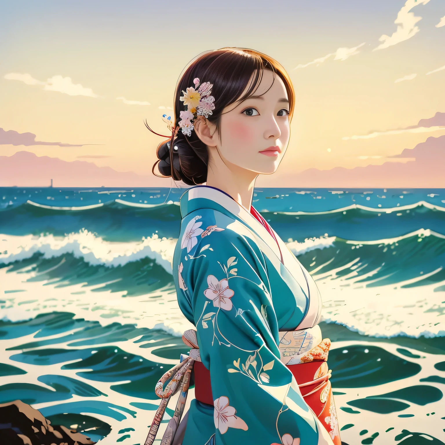 Illustration Style, ukiyo-e, Showa anime, woman, (Sensitive), Asahi, (highest quality, Ultra-detailed,Portraiture, Natural light)、kimono,Ocean