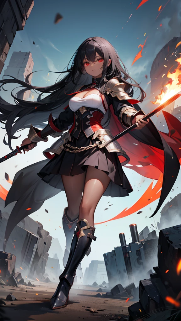Long black hair, dark skin, red eyes, cleavage, armor, skirt, iron boots, battle ax, fiery battlefield