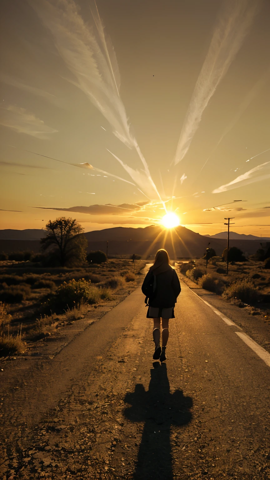 A person walking along an empty road around a wilderness, the sun setting over the horizon