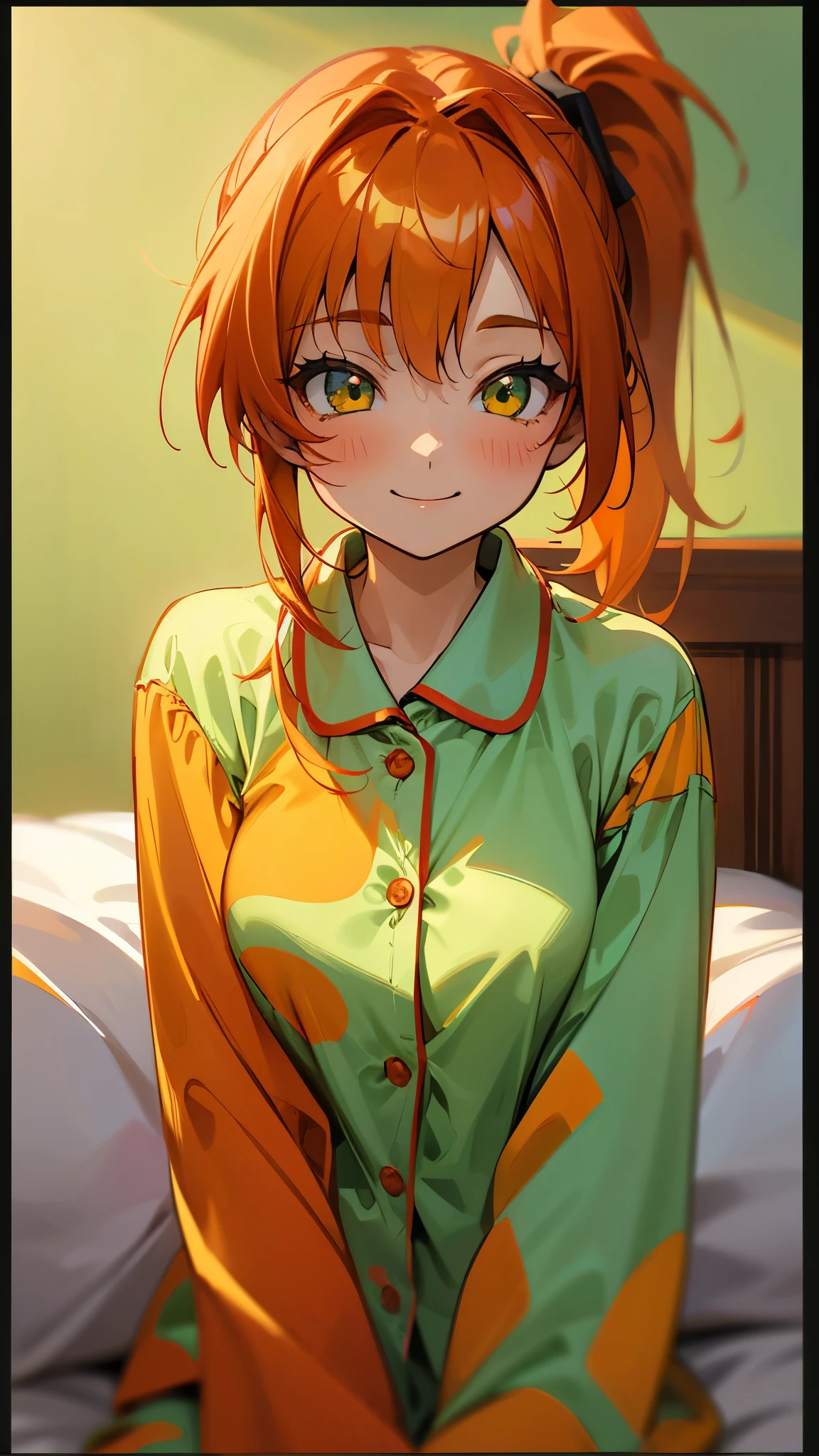 18-year-old girl sitting on bed、alone、Anime style painting、Wearing pajamas、Orange Hair、Glowing green eyes、Side Ponytail、smile、smile、The soft texture of pajamas、Upper body close-up、Red and yellow based colors、Background Blur、Depth of the drawn border