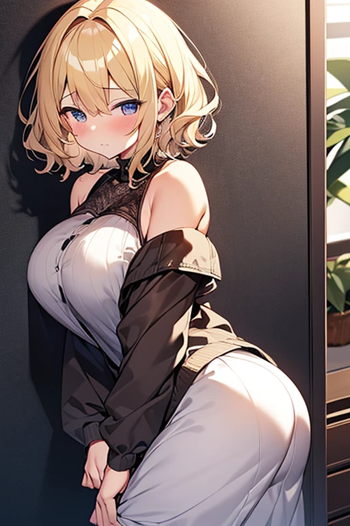 Tabletop, highest quality,shape, wallpaper, Very detailed, Absurd beauty、1 beautiful girl、 (blonde、short hair、Wavy Hair、Ample breasts、Very large breasts)、Casual clothing、Summer clothes ,Put your hands on the wall、Turn your butt towards the viewer、blush、Shyness、