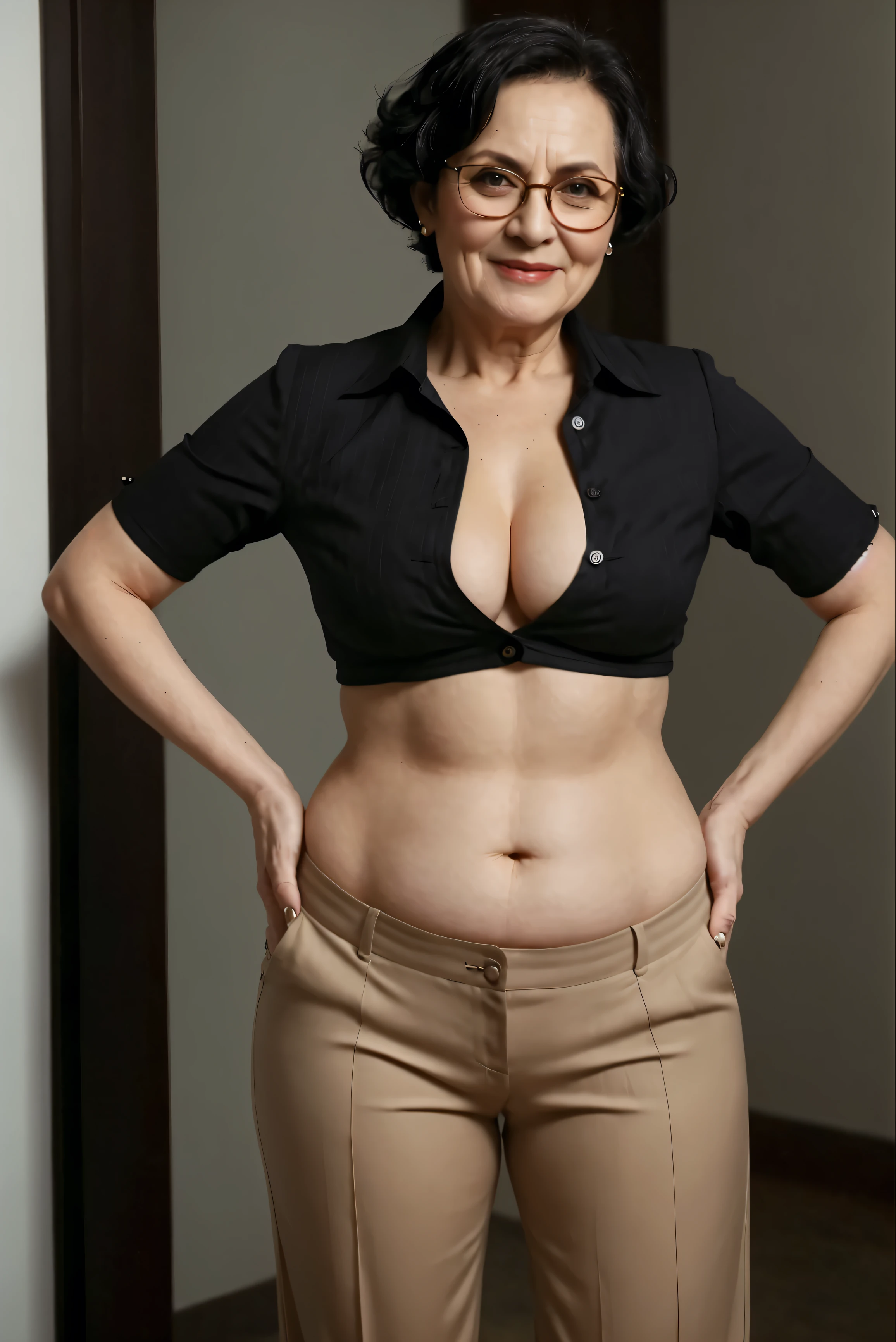 black very short shaved hair elderly older mature cheeky spectacled bossy confident lady in a shirt with cream-ivory buttons, pinstripe overly low-rise pants, fatty body with slightly abs, wearing a sexy cropped top with unglued V-neck, attractive feminine fleshes, 50 years old woman, close up body shot, succinct shirt, wearing a skimpy blouse, alluring fatty model, ((best quality)), ((masterpiece)), (detailed), perfect face