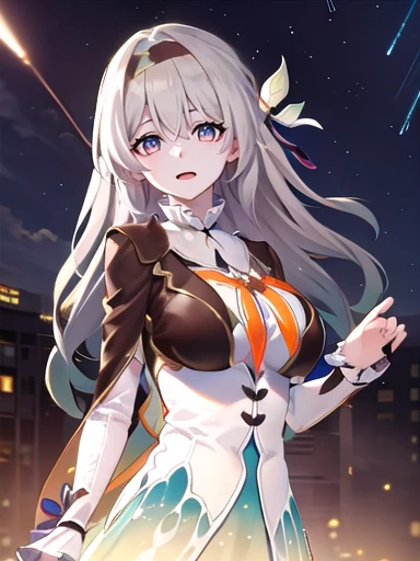 (masterpiece:1.3),((High resolution)),((high quality)),((Super detailed))、One girl、Perfect balance、((upper body:1.5))、(Perfect Face)、(Detailed face:1.5)、(Perfect in hand)、Cute face、(beautiful詳細な目)、(Expressive eyes)、Cute eyes、Shiny eyes、(Perfect body)、(beautiful体)、honkaiFirefly, fire Fly, (Purple eyes:1.3), Grey Hair, 蝶のhair ornaments, hair ornaments, Hair intake, Long Hair, (Bright Eyes:1.5), shoes下, 青色のdress, 青色のshoes下,((Large Breasts)) ((Orange ribbon:1.5))、dress, shoes, shoes下, ツートーンdress, ツートーンshoes下, ホワイトdress, Long sleeve, hair band, (head shot)、Embarrassing、blush、beautiful女の子、Cute face、beautiful顔、Cute face、beautiful、Best Quality、Good anatomy、((smile:1.5))、((Super detailedな背景)), Outdoor, Day, blue sky, ((Meteor shower sky:1.1))、Sky Light , Mistress Pose, ((8K Wallpaper)) , Looking straight ahead, Moody lighting,一面のblue sky