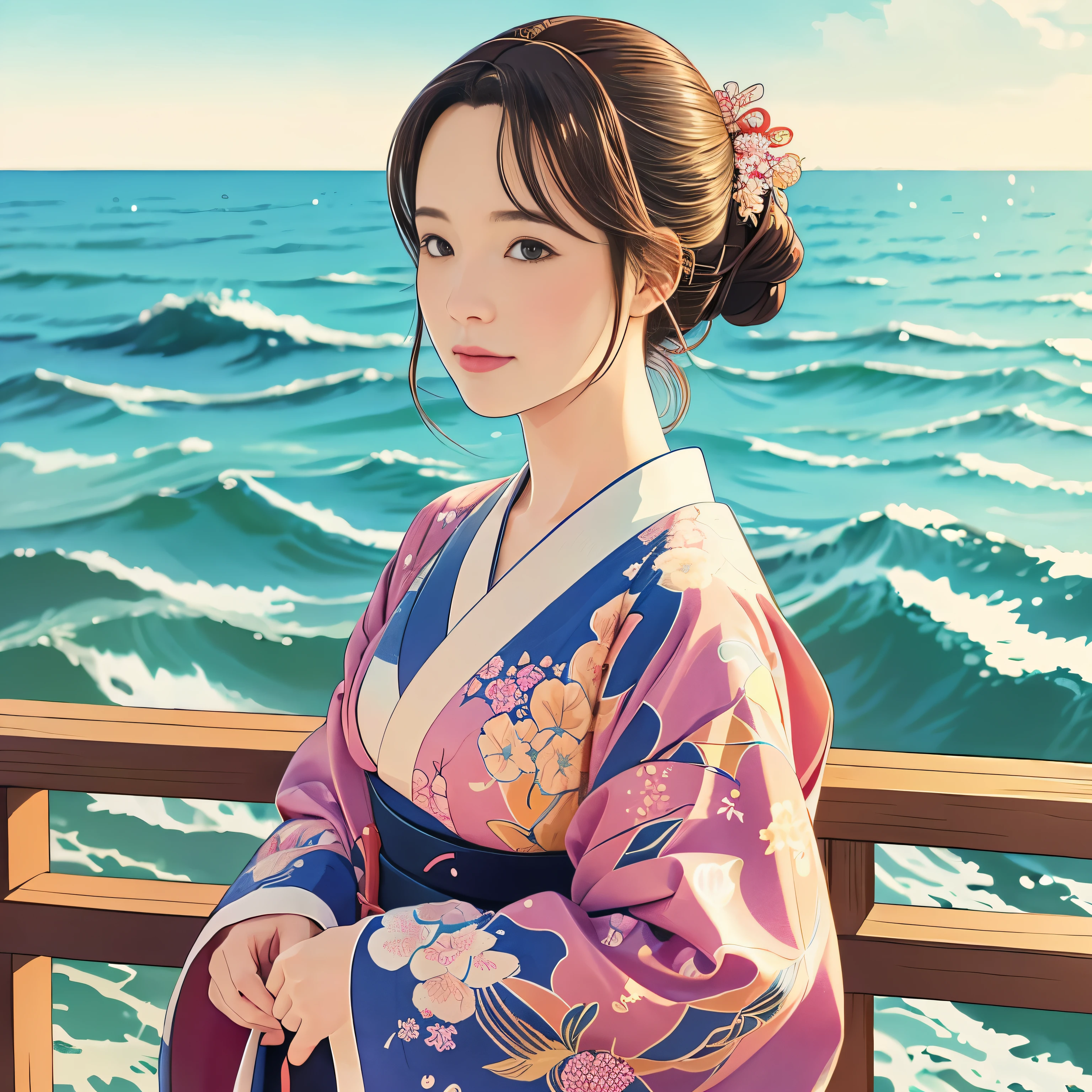 Illustration Style, ukiyo-e, Showa anime, woman, (Sensitive), Asahi, (highest quality, Ultra-detailed,Portraiture, Natural light)、kimono,Ocean