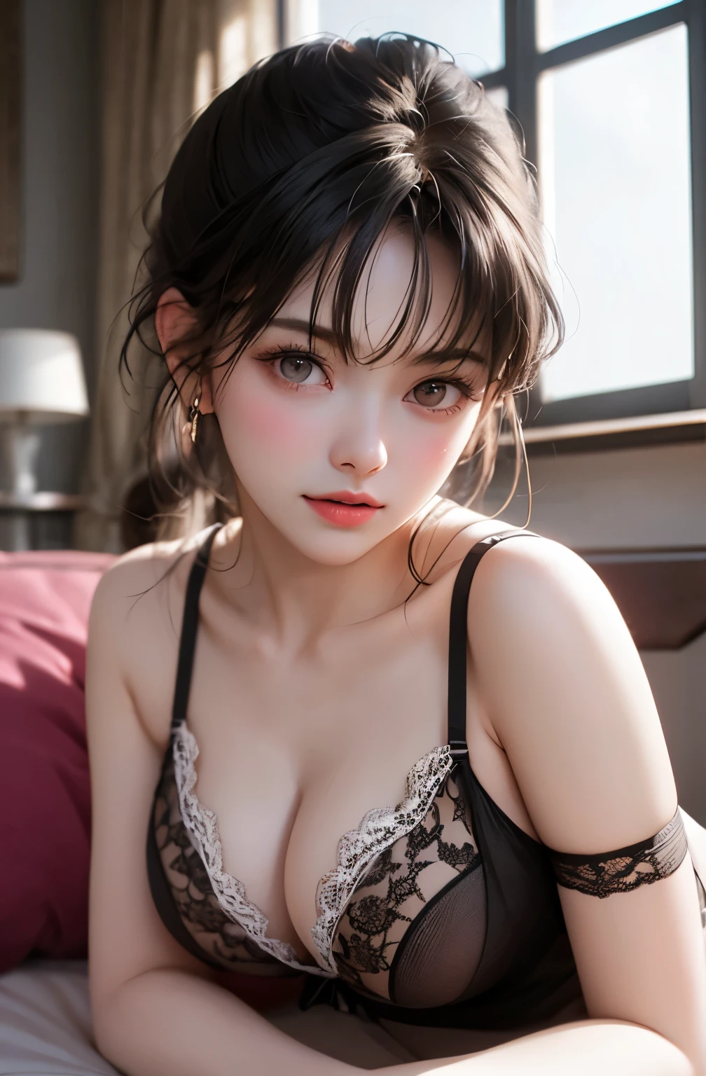 Young woman lying in bed、Lace Lingerie