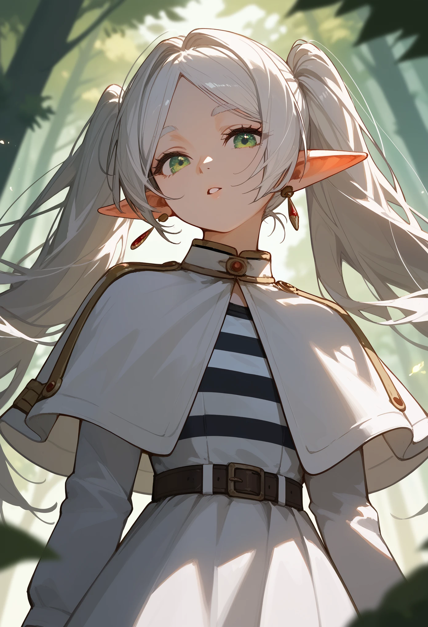 masterpiece, best quality, (score_9, score_8_up, score_7_up, score_6_up), 1girl, solo, portrait, (FrierenBase), green eyes, elf ears, pointy ears, innexpressive, head tilt, looking at viewer, parted lips, white hair, long hair, twintails, earrings, white capelet, striped shirt, black stripes, long sleeves, belt, white skirt, black pantyhose, looking at viewer, forest