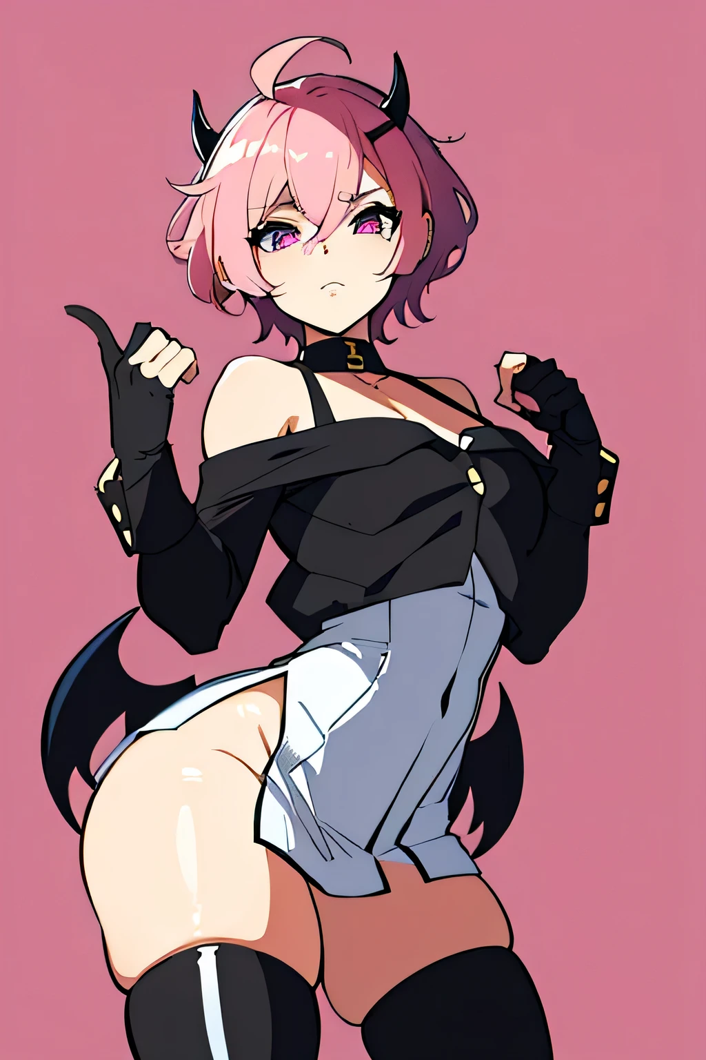 there is a cartoon picture of feminine boy with short pink hair, anime moe artstyle, 1 7 - year - old anime, in an anime style, demon femboy, flat anime style, cute, crossdresser, lewd body, curvy, cute outfit, doing a sexy pose