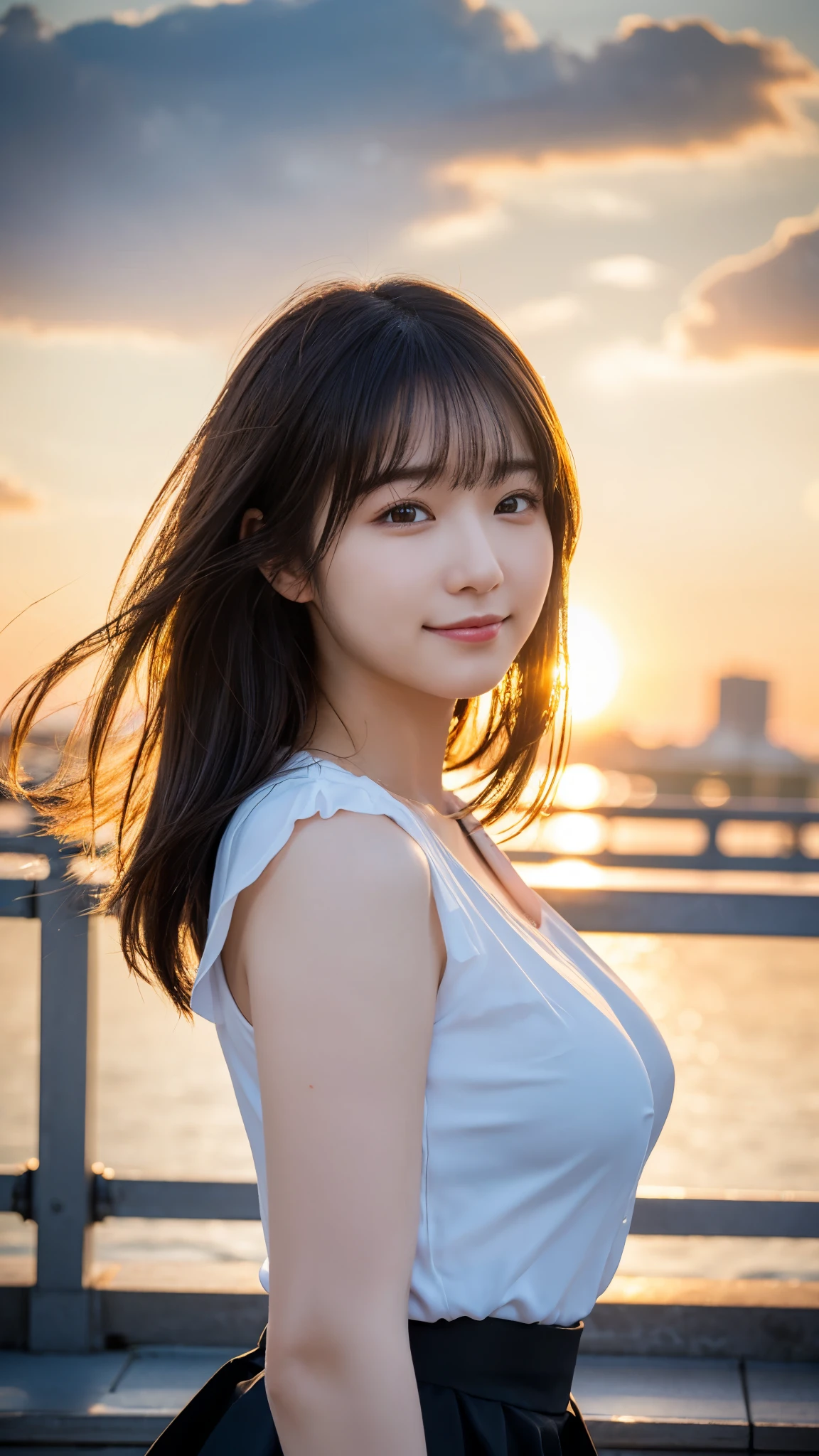 (highest quality,masterpiece:1.3,Ultra-high resolution),(Super detailed,Caustics,8k),(Photorealistic:1.4,RAW shooting),Japanese,23 years old,cute,Gravure pose,Are standing,(A big smile),(Looking into the camera),Black Hair Middle Hair,Big Breasts,White blouse,Knee-length skirt,Strong winds,Hair blowing in the wind,Rooftop,Backlight,Sunset,Sunset sky,(Bust up shot),(Face Focus:1.1),(Face close up:1.1),Low position,Low - Angle,Natural light