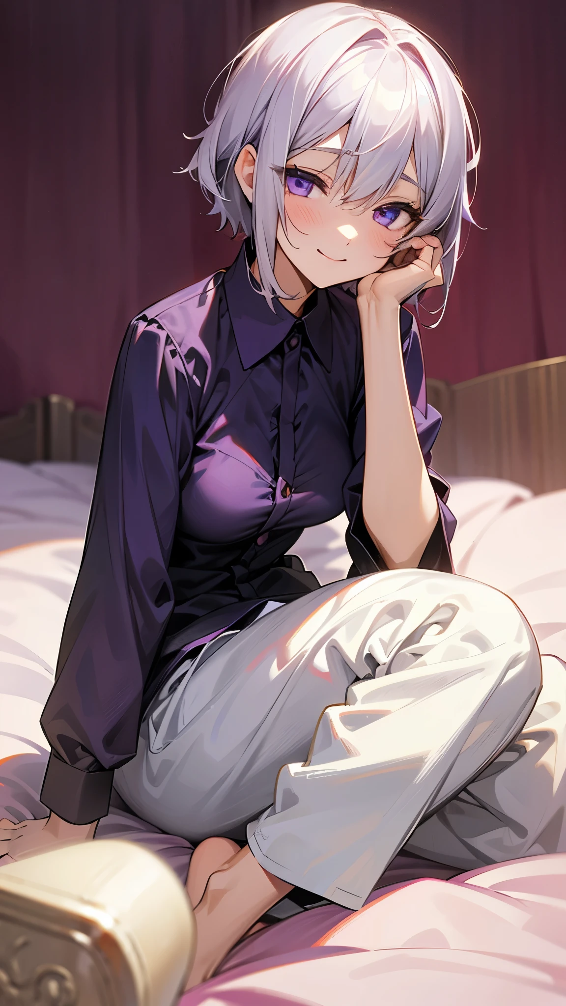 17 year old girl sitting on bed、solo、Anime-style paintings、Wearing pajamas、Yuzuki Yukari、Slim figure、Silvery white hair、short hair、(Hair between the eyes)、Beautiful purple eyes、smile、smile、The soft texture of pajamas、Upper body close-up、Red and black based colors、Background blur、The depth of the drawn boundaries