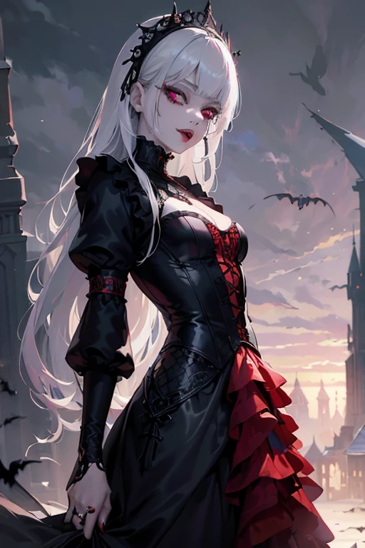 (masterpiece), ((best quality)), ((ultra high resolution)), realistic, absurdres, lithe, lean, , vampire, long hair, bangs, white hair, purple eyes, ornate clothing, red lips, gothic clothing, dress, fangs, pale skin, wedding ring, fangs