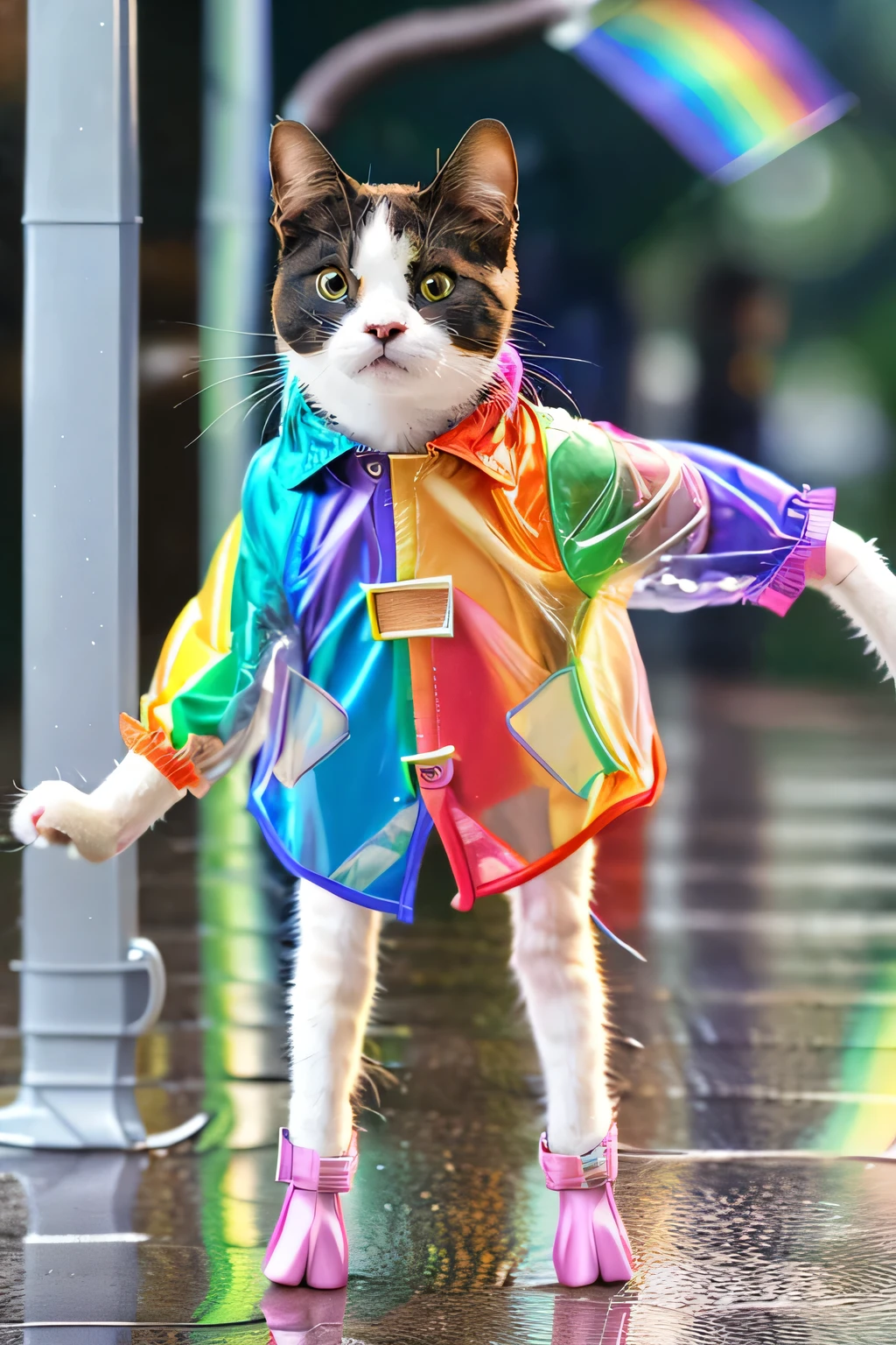 (A cat wearing a rainbow-colored raincoat:1.5)、(Standing on two legs:1.5)、(Cat proportions:1.5)