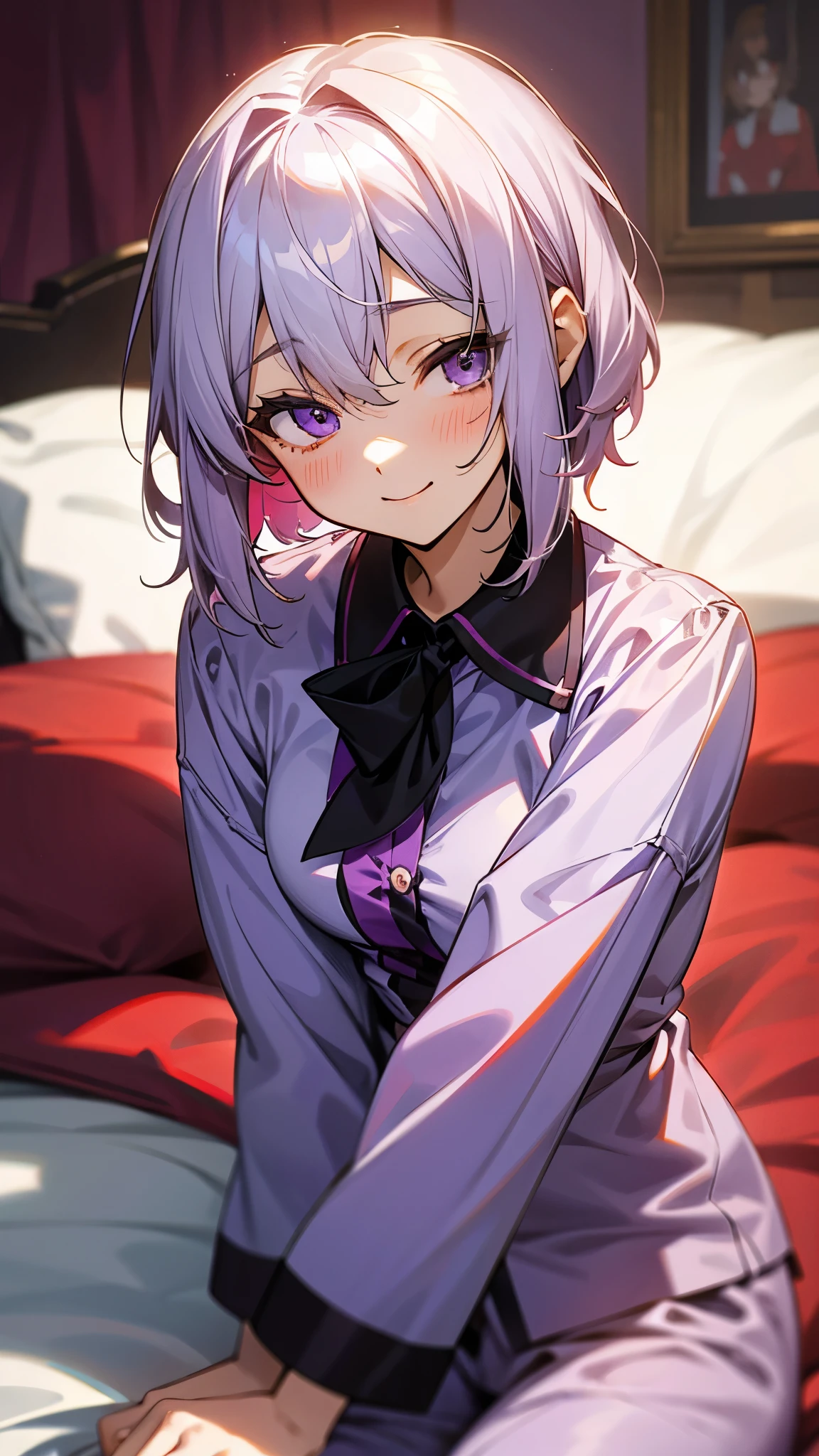 17 year old girl sitting on bed、solo、Anime-style paintings、Wearing pajamas、Yuzuki Yukari、Slim figure、Silvery white hair、short hair、(Hair between the eyes)、Beautiful purple eyes、smile、smile、The soft texture of pajamas、Upper body close-up、Red and black based colors、Background blur、The depth of the drawn boundaries