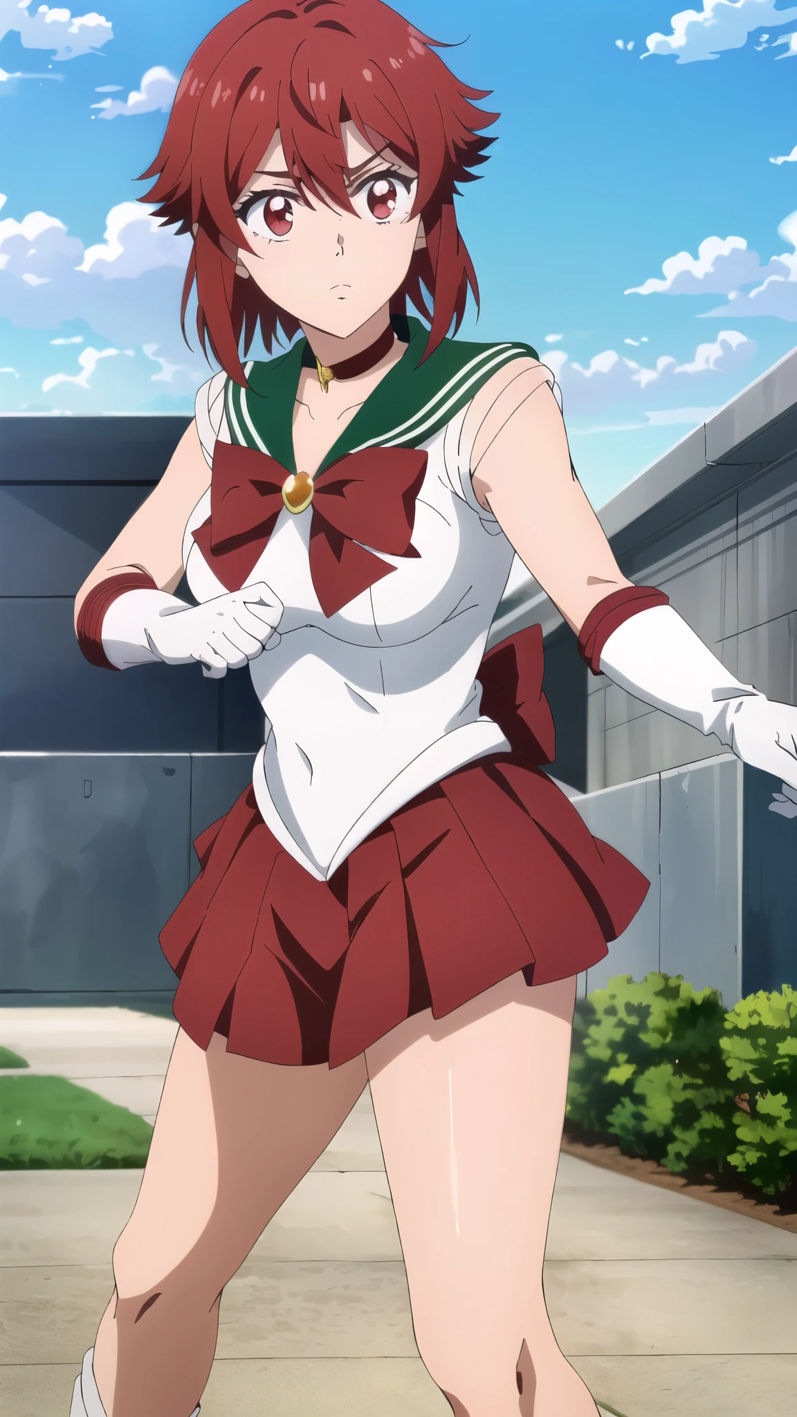 ((highest quality)),((Very detailed)),masterpiece,Absurd,Detailed face,Beautiful Face,(fine grain, Deep Eyes),One Girl,((Combat Stance)), input, Tomo, red hair, red eyes, short hair, hair between eyes, bangs, breasts, large breasts, short hair, Red eyes, Outdoor, shirt, View your audience, Are standing,sailor senshi uniform