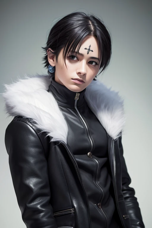 RAW Photos, ((((Extreme beauty portrait))), Upper Body, HUNTER x HUNTER Chrollo Lucilfer ), 1 boy, looking at viewer, Fur trim, Black long coat, Open Court, Long sleeve, Black trousers,