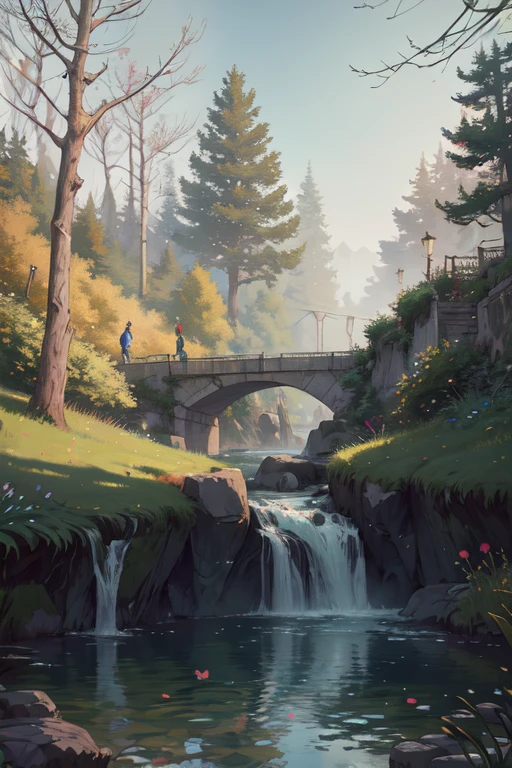 (best quality,8k highres,ultra-detailed:1.2),analog style,chroma V5,cyberpunk,grand river image, trees on both sides,small waterfall,thick mist,award-winning photography,chromatic aberration,detailed, vivid colors,blooming,Monet style,Pissarro,Sisley,trending on Artstation,featured on CGSociety,art:mid-journey