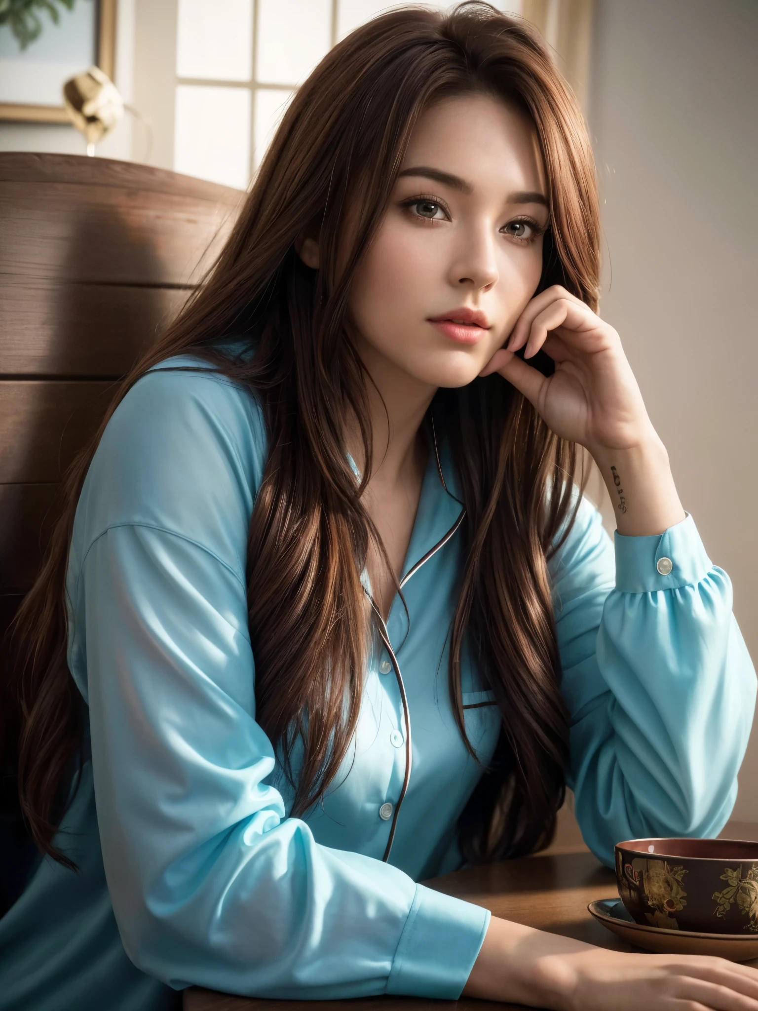 (best quality,4k,8k,highres,masterpiece:1.2), ultra-detailed, (realistic,photorealistic,photo-realistic:1.37), brown colored hair, hair ribbon, Surrealism, cinematic lighting, close-up, panda Plush pajamas, perfect hand, perfect fingers, random pose, UHD, high details, HDR, studio lighting, vivid colors, surrealistic background, vibrant atmosphere, impressive colors