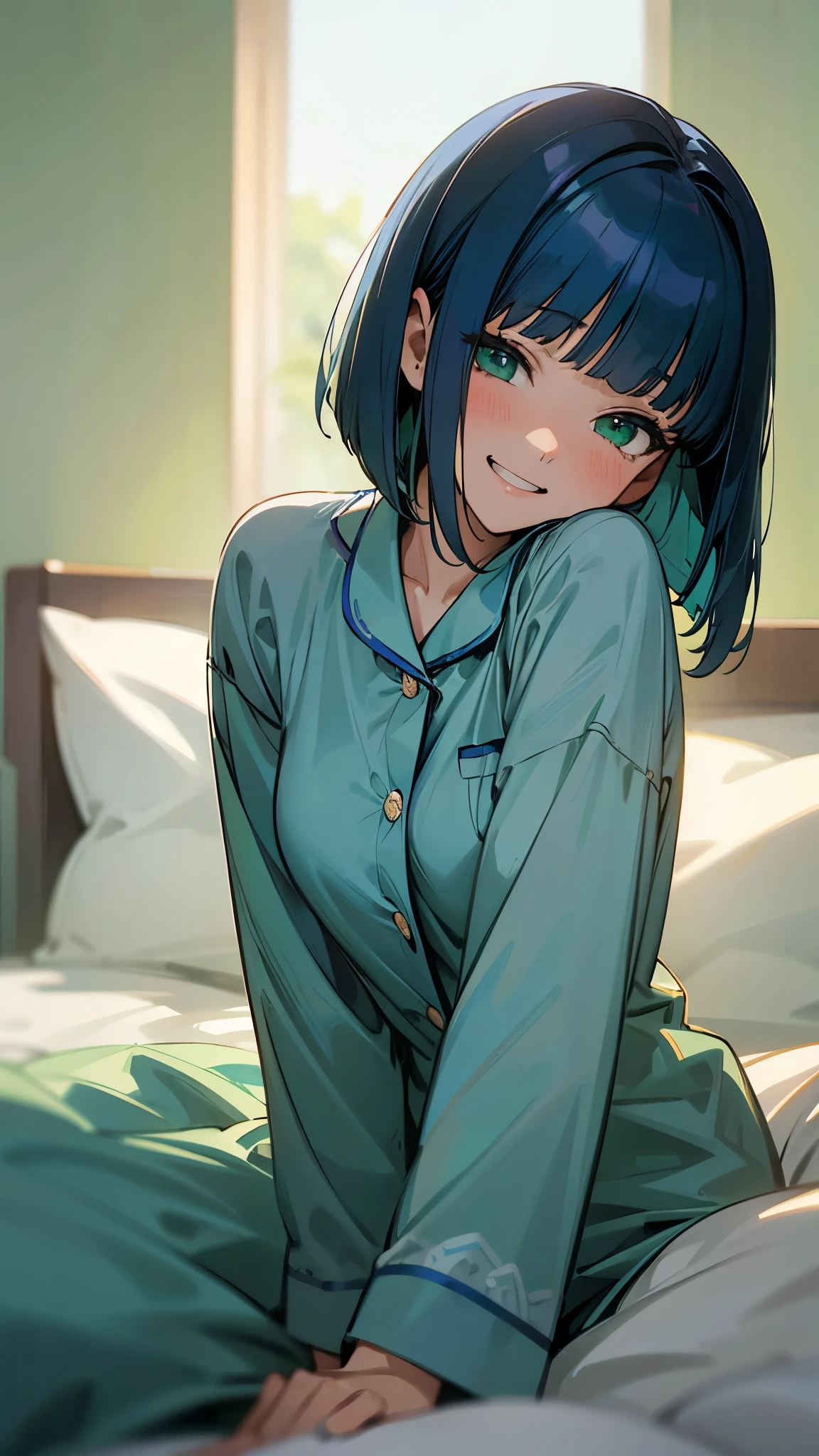 18-year-old girl sitting on bed、solo、Anime-style paintings、Wearing pajamas、Dark blue hair、Bobcut、Beautiful green eyes、Grin、The soft texture of pajamas、Upper body close-up、Green and blue based colors、Background blur、The depth of the drawn boundaries