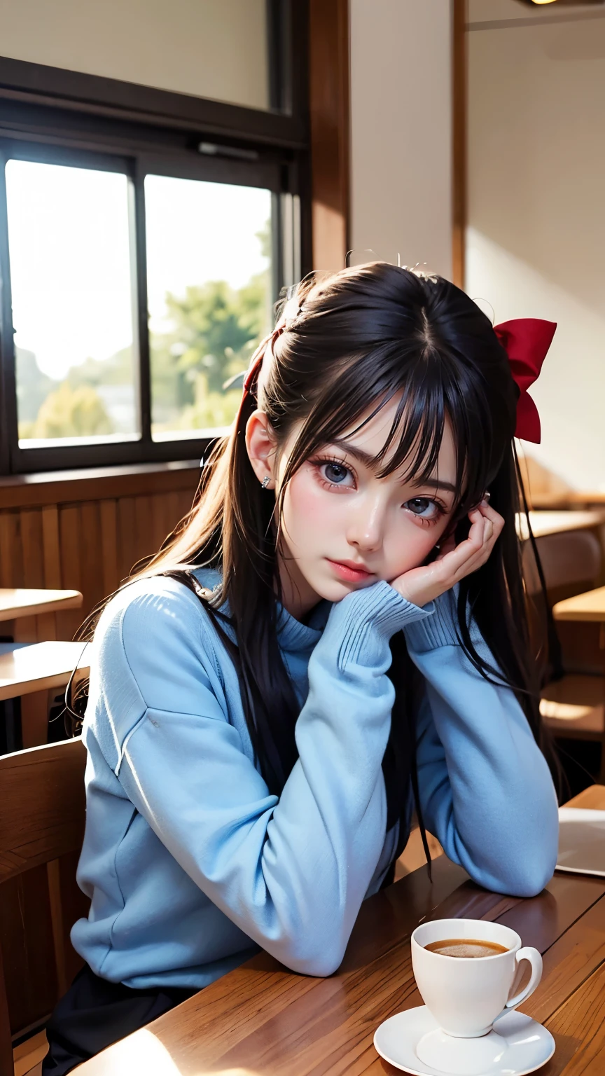 masutepiece, Best Quality,A queen, 1girl in, Solo, Long hair, window, Sitting, Indoors, The table, sleeves past wrists, cafes, Hair Bow, head rest, Closed mouth, Blue sweater, Upper body