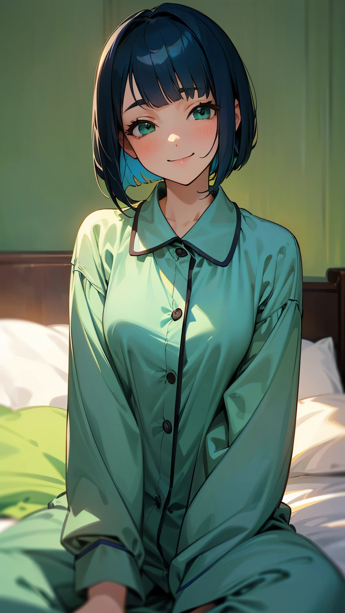 18-year-old girl sitting on bed、solo、Anime-style paintings、Wearing pajamas、Dark blue hair、Bobcut、Beautiful green eyes、smile、smile、The soft texture of pajamas、Upper body close-up、Green and blue based colors、Background blur、The depth of the drawn boundaries