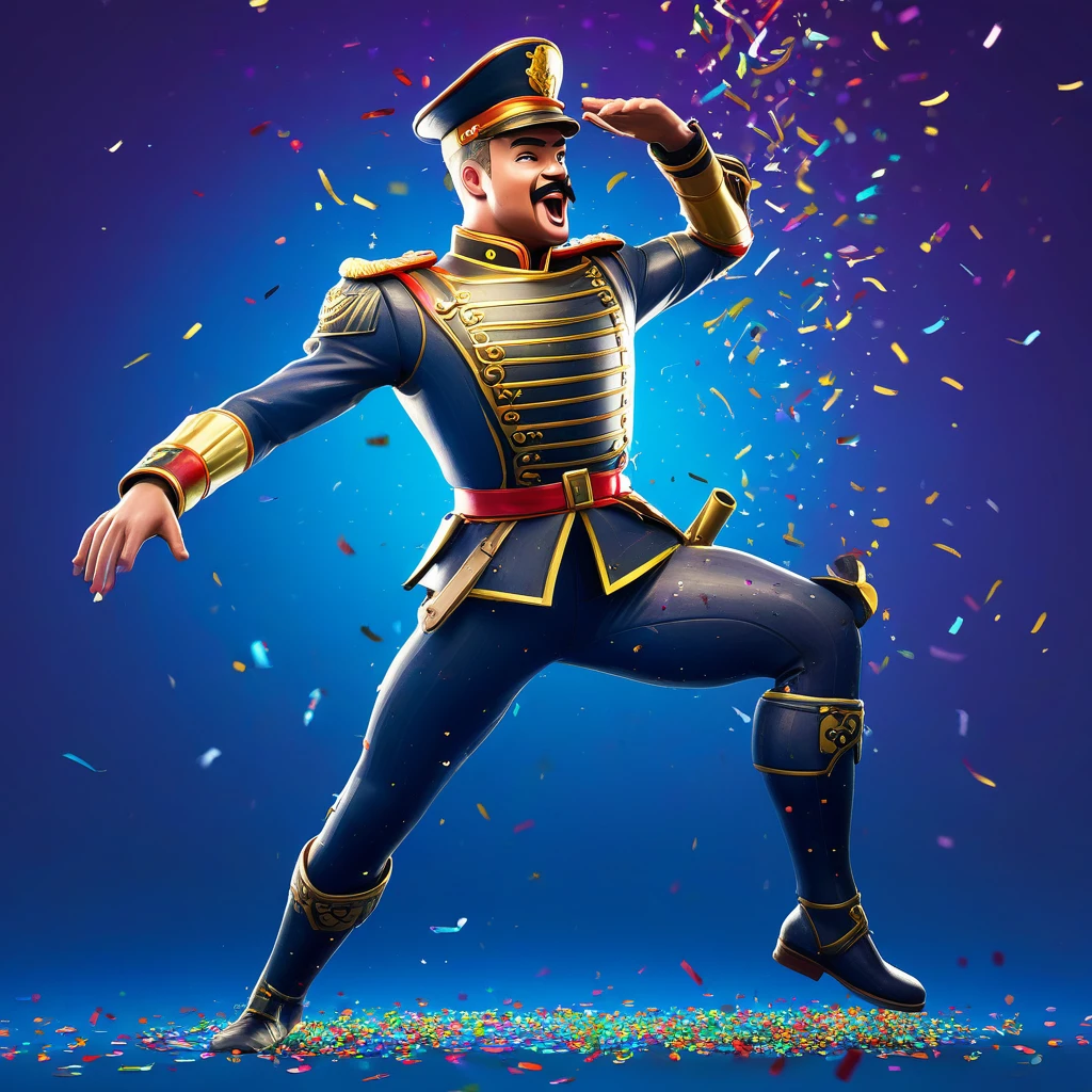 (a detailed soldier breaking the Fortnite nutcracker),illustration,cracked wooden nutcracker,nutcracker made of brass,sparkles and dust in the air,explosion of colorful confetti,motion blur and dynamic pose of the soldier,detailed facial expression and muscles,realistic proportions and textures,best quality,highres,ultra-detailed,professional,physically-based rendering,vibrant colors,portraits,war scene,dark and dramatic lighting
