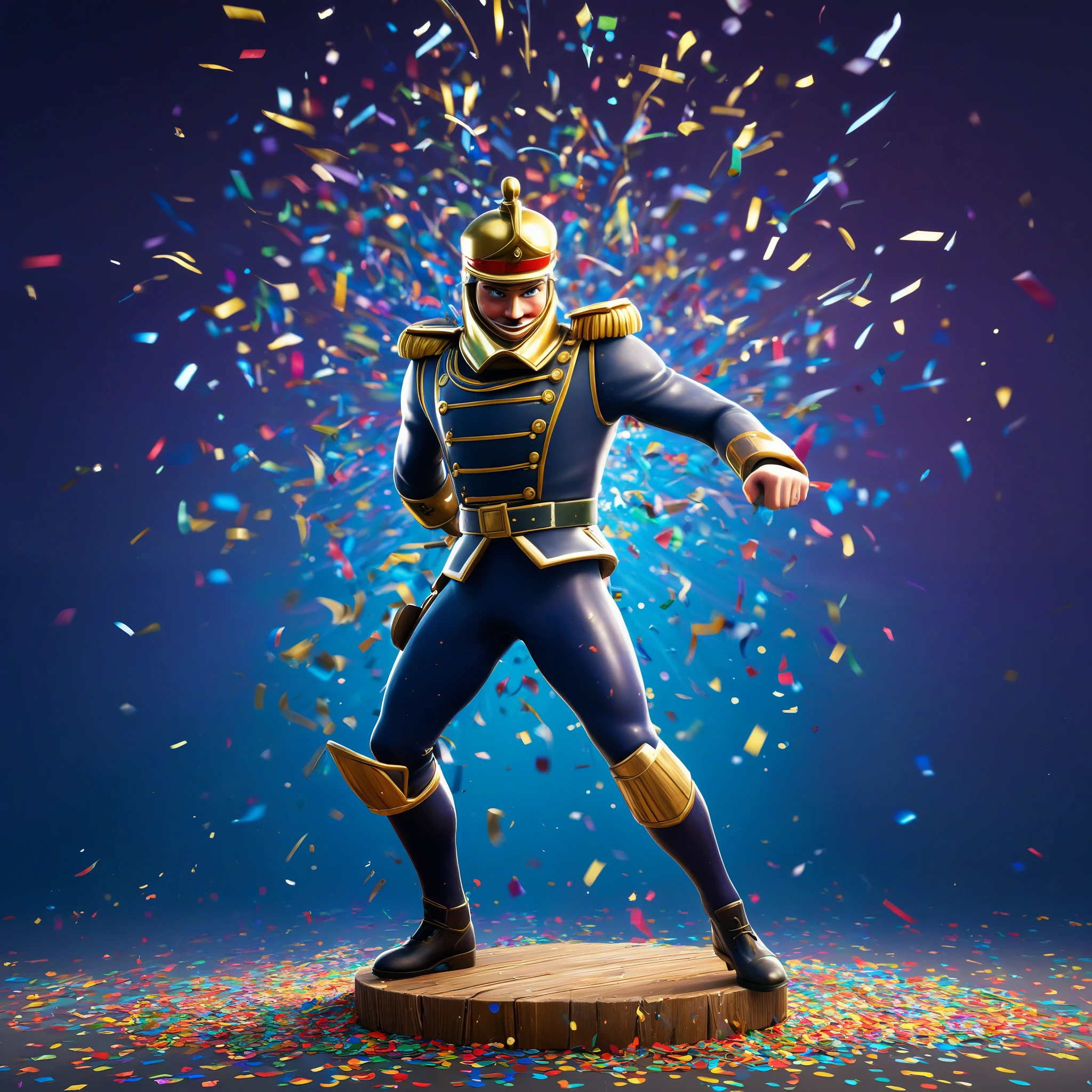 (a detailed soldier breaking the Fortnite nutcracker),illustration,cracked wooden nutcracker,nutcracker made of brass,sparkles and dust in the air,explosion of colorful confetti,motion blur and dynamic pose of the soldier,detailed facial expression and muscles,realistic proportions and textures,best quality,highres,ultra-detailed,professional,physically-based rendering,vibrant colors,portraits,war scene,dark and dramatic lighting