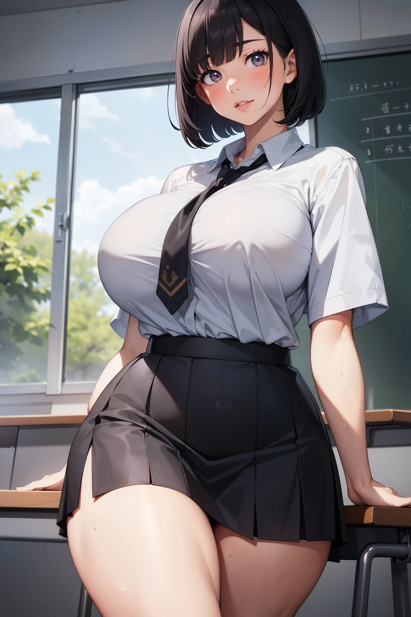 school, 1 girl, solo bobcut, black hair, short hair, (huge breasts), wide hips, curvy, honor student, shirt, wearing school skirt, thighighs, classroom, bimbo, blush, (aroused), sweat, full lips, lipstick, sexy,