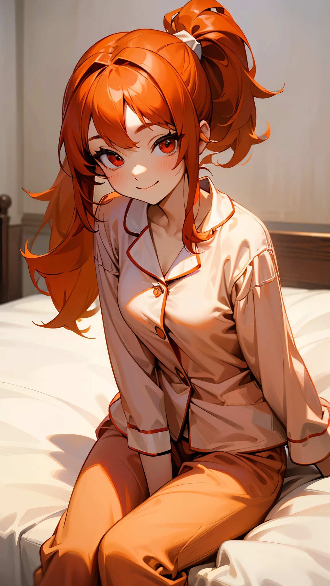 18-year-old girl sitting on bed, Wearing pajamas、Slim figure、Orange Hair、Red Eyes、Side Ponytail、smile、smile、The soft texture of pajamas、Face close-up、Red and white based colors