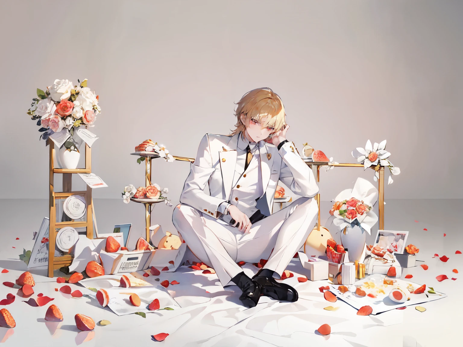 1man, male, gentleman, mature, elegance, strawberry blonde hair, golden eyes, white shirt, white jacket with black accents, black pants, Roses on the ground, white background, studio lighting, poster, sitting post, photoshoot