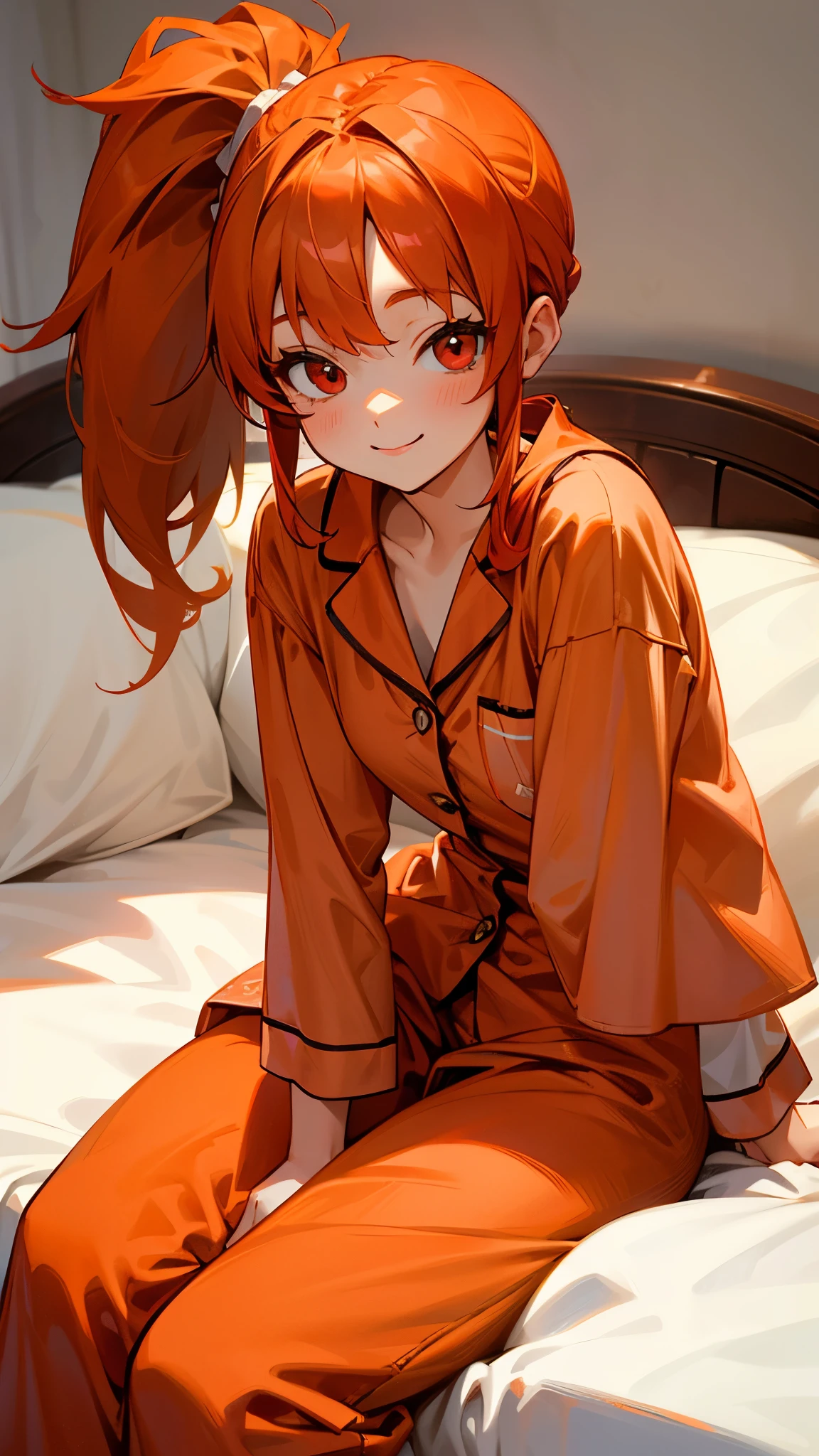 18-year-old girl sitting on bed, Wearing pajamas、Slim figure、Orange Hair、Red Eyes、Side Ponytail、smile、smile、The soft texture of pajamas、Face close-up、Red and white based colors