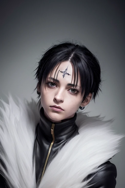 RAW Photos, ((((Extreme beauty portrait))), Upper Body, HUNTER x HUNTER Chrollo Lucilfer ), 1 boy, looking at viewer, Fur trim, Black long coat, Open Court, Long sleeve, Black trousers,