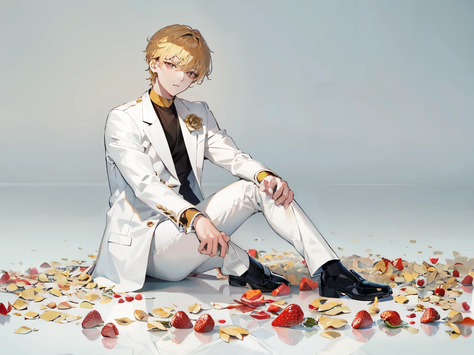 1man, male, gentleman, mature, elegance, strawberry blonde hair, golden eyes, white shirt, white jacket with black accents, black pants, Roses on the ground, white background, studio lighting, poster, sitting post, photoshoot