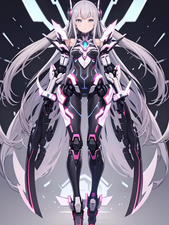 ((Robot Girl, Mecha)), Glowing Eyes, Delicate face, Broken Armor, Mechanical aura, Mechanical arm, Gray Hair, Long Hair, Ceramic body, Thigh Gap, Small breasts, Cyber Background, Very nice city, (translucent, Reflex muscles), 8k, highest quality, Very detailed, (Surrealism: 1.4),