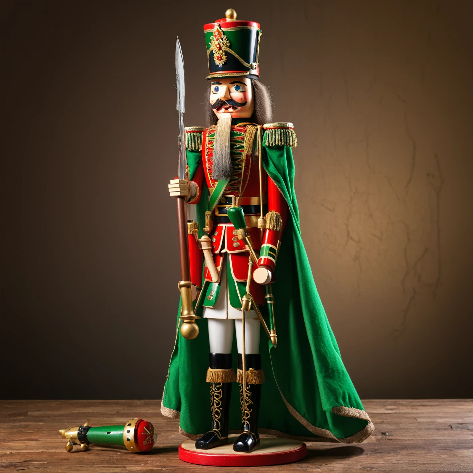 (best quality,ultra-detailed,photorealistic),soldier nutcracker,2D illustration,cracked in half,broken,wooden toy,facial details,ornaments,traditional costume,red and green colors,studio lighting