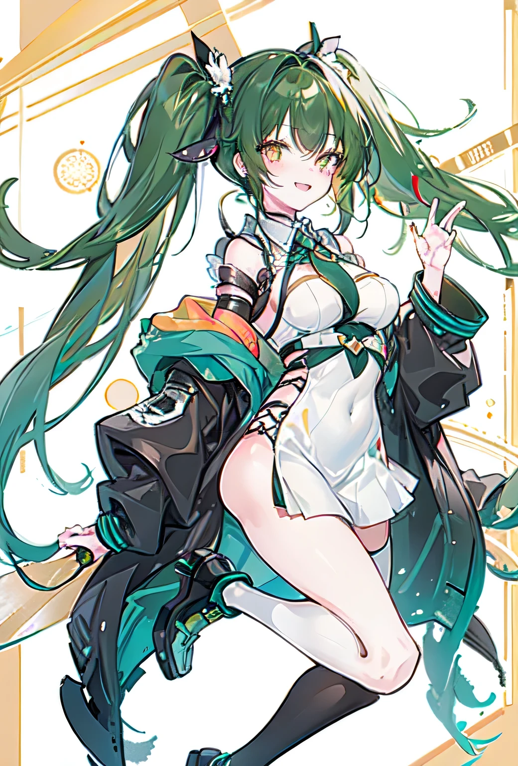 Dark Green hair,Golden eyes,girl,Twintails, C cup breasts,goggles on head,standing on one leg,back view,waving,smiling,scientist,high quality art
