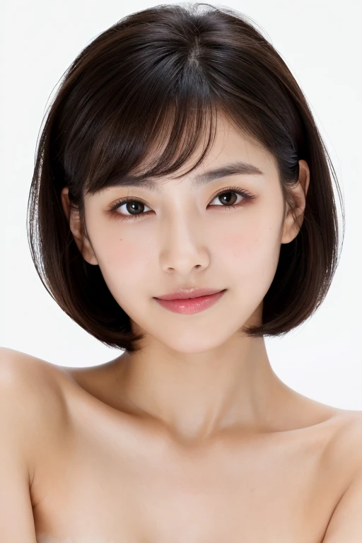 ((Masterpiece, Best Quality, High Resolution)), 1 Girl, (Photorealistic: 1.4), Solo, White Background, Snow White Background, Mouth Closed, Happy Smile, Pretty Black Hair, Short Hair, Big Eyes, Clear Double eyelids, eyelashes, ears protruding, absolute area, ((upper body)), (head, shoulders, chest all drawn), 30 years old, attractive proportions, glossy skin, beautiful collarbone, golden ratio face , perfect face, tear-shaped mole, mole on chest, bangs, pretty bangs, pretty bangs, lip gloss, thin lips, white skin, naked, small breasts, small face, full head, full shoulders, camera slightly upward look at