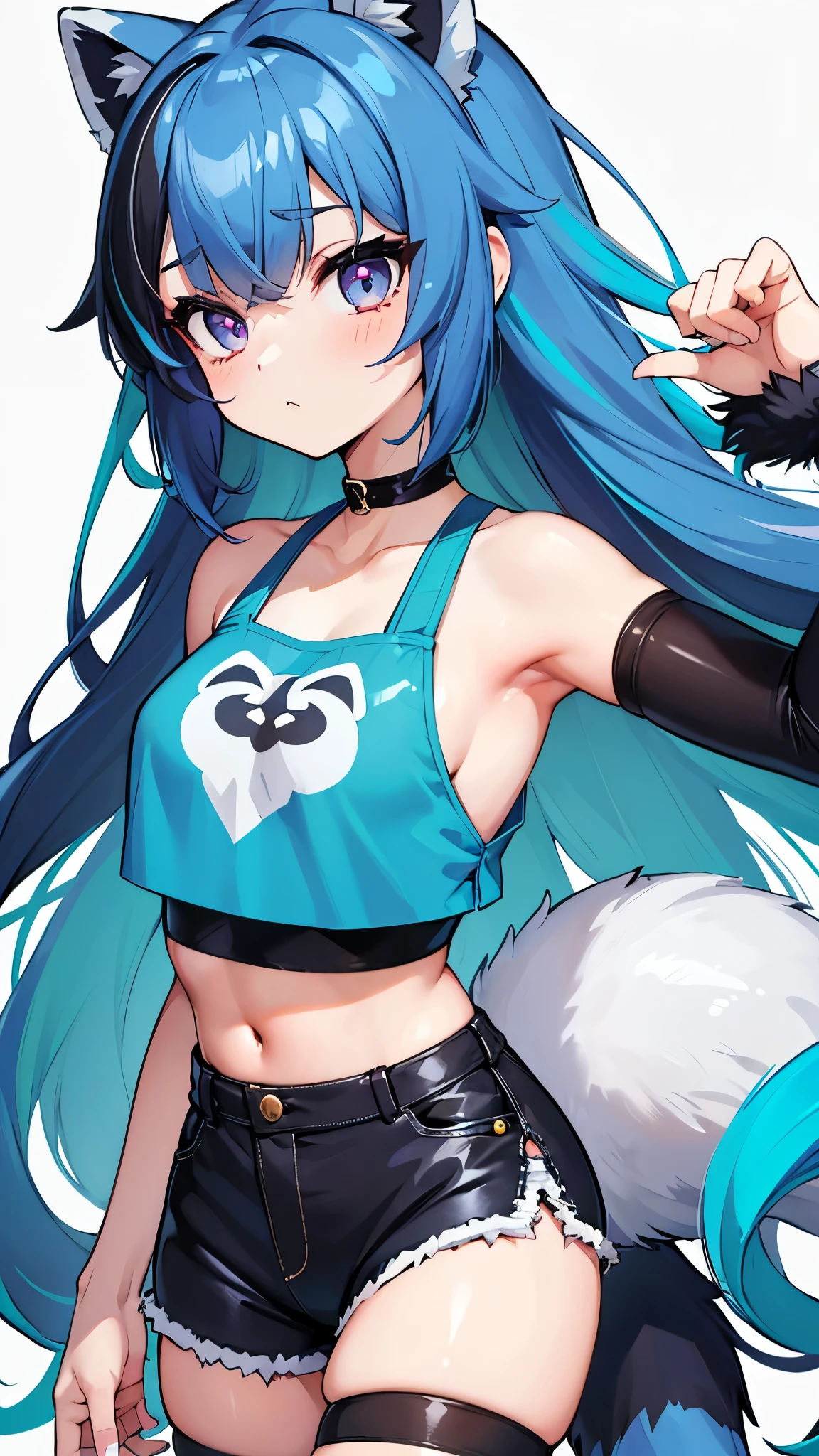 (Feminized:1.5), Hairy Raccoon, (Michiru:1.1), (ルナ Crop top:1.1), Crop top, (Luna Shorts:1.1), Bottom Wear,, One Girl, alone, Blue Hair, (Variegated eyes), Raccoon Ears, Two-tone hair