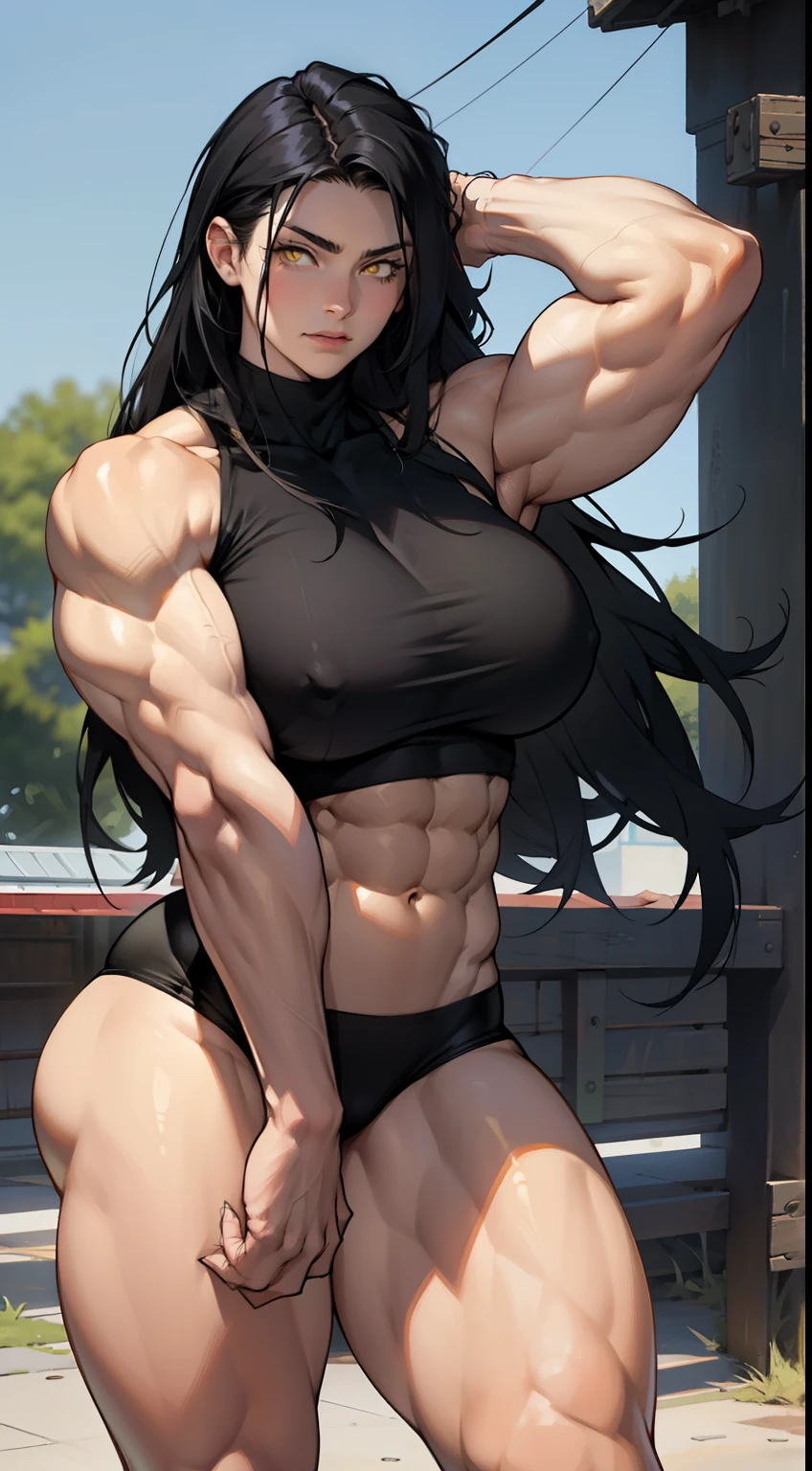 (1girl), black hair, extremely long hair, yellow eyes, ((((muscular)))), (huge breasts), (thick thighs), solo, (pale skin), cowboy shot