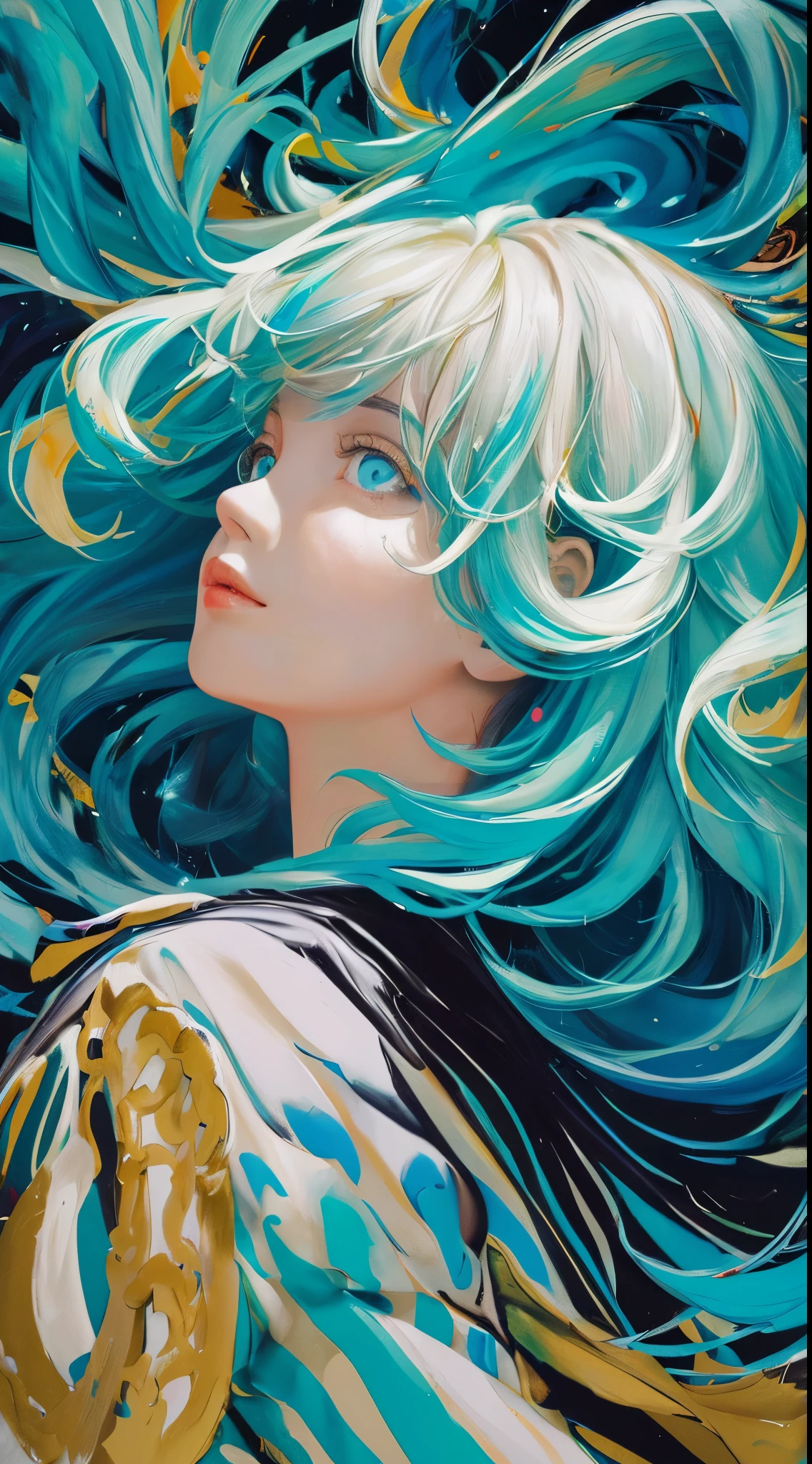 ((((masterpiece))), ((highest quality))), ((Very detailed)), (figure), (Dynamic Angle), ((floating)), (paint), ((Hair loss)), (alone), (One girl), (Detailed anima face))), ((Beautifully detailed face)), ((Hair Color)), ((Striped Hair)), (Gradient Eye), (((Colored eyes))), (White Cloud background))), (((High saturation)))),((Surrounded by colorful splashes)))) Very detailedな, beautifully、aesthetic, masterpiece, highest quality, The most beautiful chaotic shapes, elegant, Fauvist design, Bright colors, Romanticism, Michael Mraz, Adrian Ghenie, Petra Cortright, atmosphere, Ecstatic notes, Streaming notes are visible,