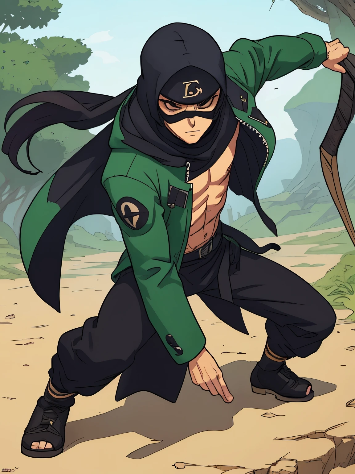 ninja de mascara, jaqueta de couro, male, olho verde, forte, epic position