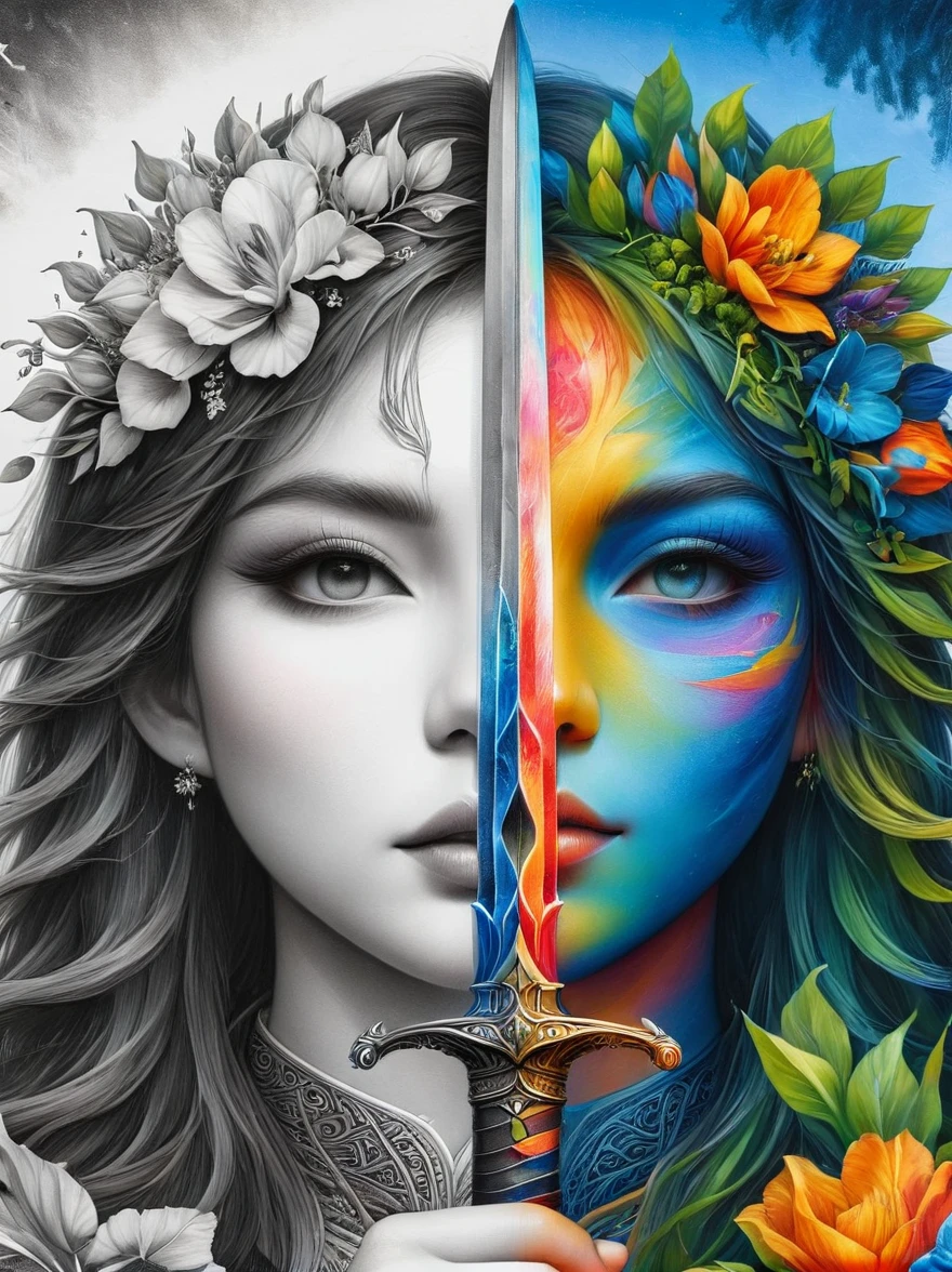 1hbgd1, (The left half of the face is Sauron, The right half is Ptolemy:1.25), excellent quality, Detailed background, The art of math, Double-edged sword，Double-edged sword, (The artwork should transition from a pencil drawing style in black and white on the left half to vibrant colors on the right half, Ensure a seamless integration between the two halves without any dividing line, The scene is identical on both sides, with the left side featuring detailed black and white pencil strokes and the right side filled with colors, creating a harmonious blend across the image)