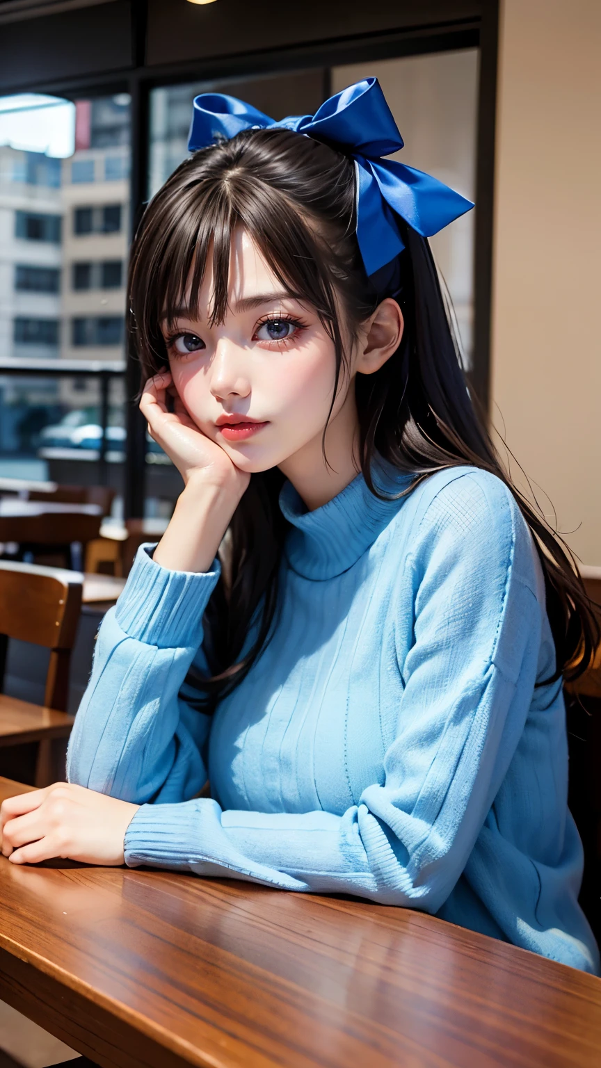 masutepiece, Best Quality,A queen, 1girl in, Solo, Long hair, window, Sitting, Indoors, The table, sleeves past wrists, cafes, Hair Bow, head rest, Closed mouth, Blue sweater, Upper body