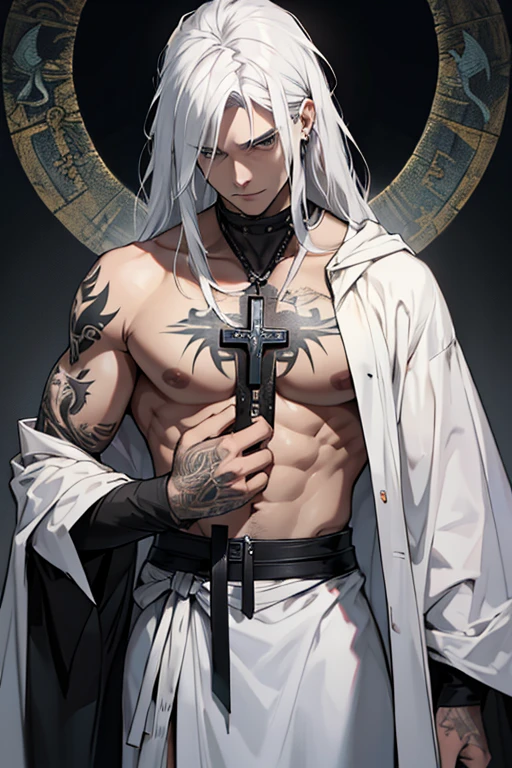 create a Christian character who hunts demons has a black spot on his chest and holds a silver cross with long white hair has a tattoo in the shape of a cross