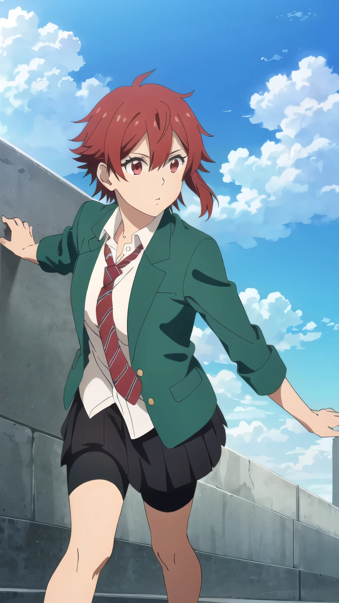 ((highest quality)),((Very detailed)),masterpiece,Absurd,Detailed face,Beautiful Face,(Fine grain, Deep Eyes),One girl,((Dynamic pose)),  input, Redhead, , alone, tie, short hair, Red eyes, skirt, Jacket, blazer, null, Day, cloud, pleated skirt, Rolled up my sleeves, red tie, Shorts, Outdoor, shirt, View your viewers, green Jacket, Striped, Striped tie, Open clothes, Are standing, white shirt