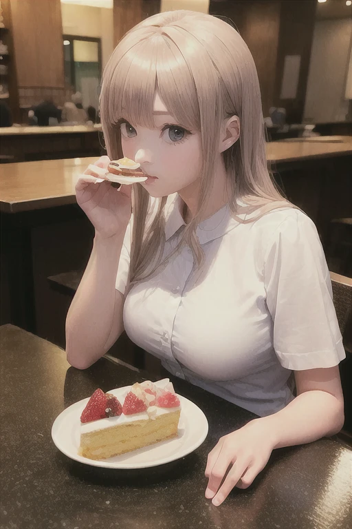 Sitting at the table、Girl eating a whole cake, hyper Realistic Anime, Real life anime girls, Realistic Anime, a Surreal , Realistic - Anime, Realistic Anime 3 d style, photoRealistic Anime, Surreal , Anime Food, Ultra-realistic photo of a whole cake,  Realistic young anime girl