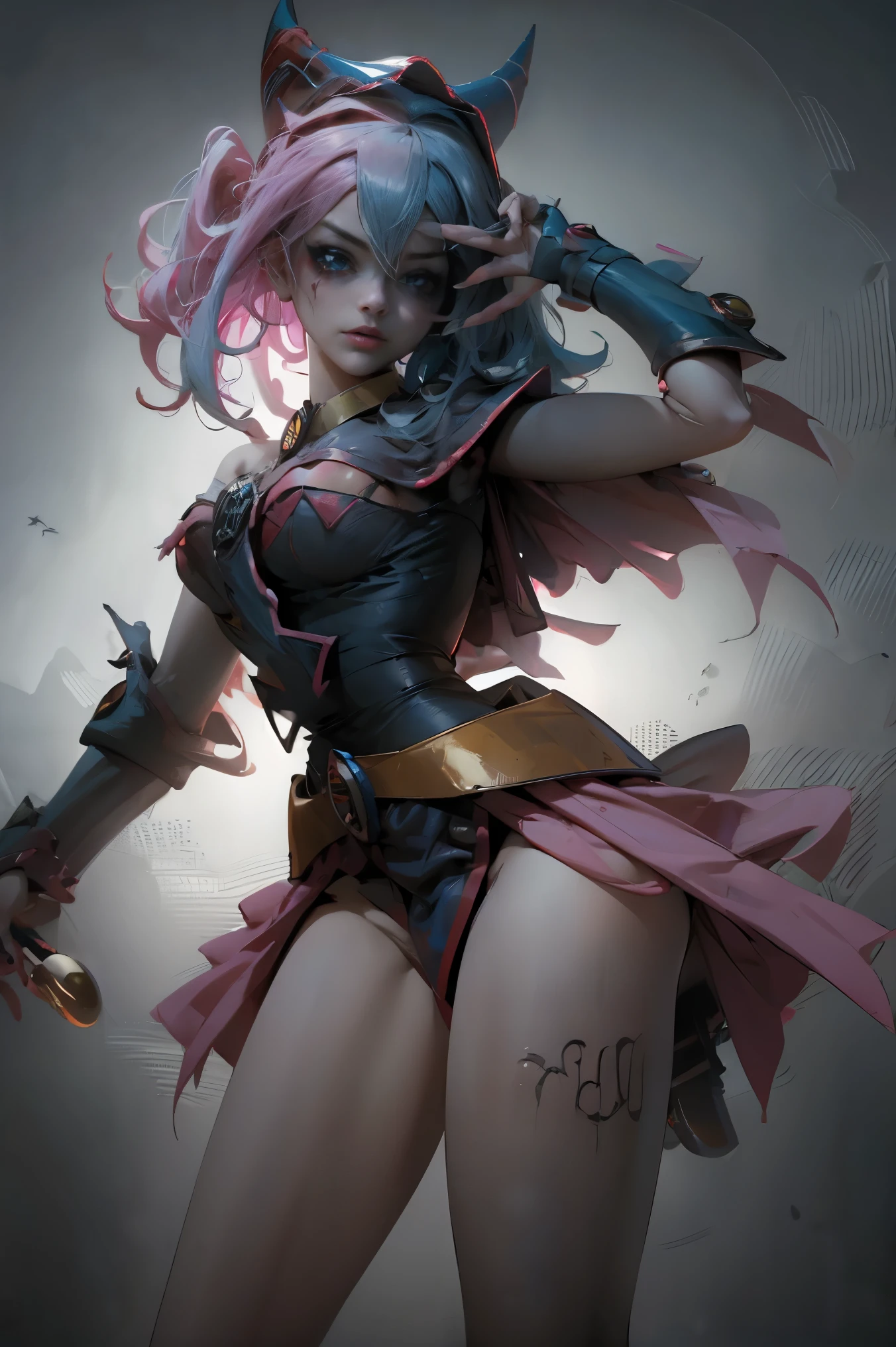 Maga oscura gils vestida de Harley Quinn. Tiene cabello rubio y negro. Ojos azules. Labios rojos. Dark magician gils is dressed as Harley Quinn. Pose sensual y inocente. Fondo de circo