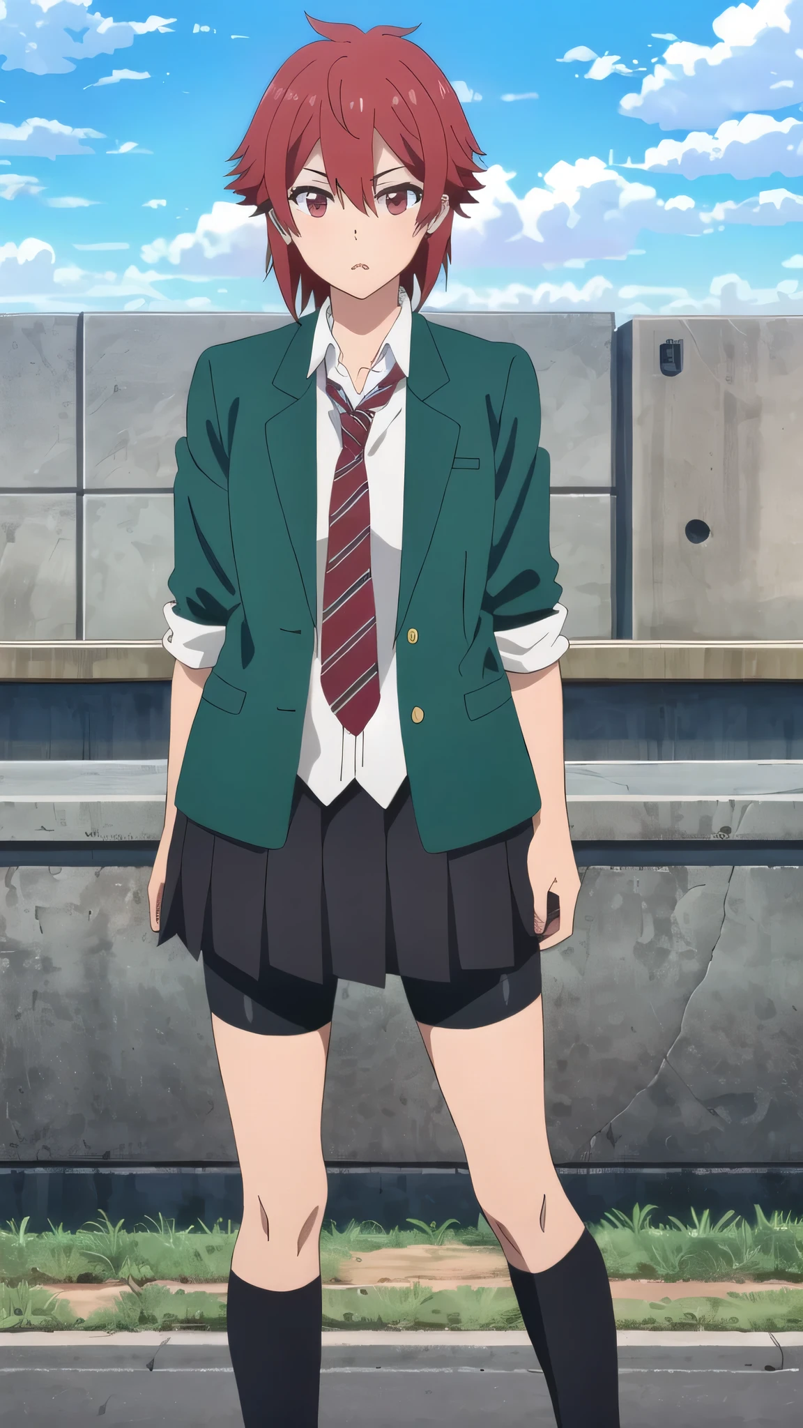 ((highest quality)),((Very detailed)),masterpiece,Absurd,Detailed face,Beautiful Face,(Fine grain, Deep Eyes),One girl,((Dynamic pose)),  input, Redhead, , alone, tie, short hair, Red eyes, skirt, Jacket, blazer, null, Day, cloud, pleated skirt, Rolled up my sleeves, red tie, Shorts, Outdoor, shirt, View your viewers, green Jacket, Striped, Striped tie, Open clothes, Are standing, white shirt